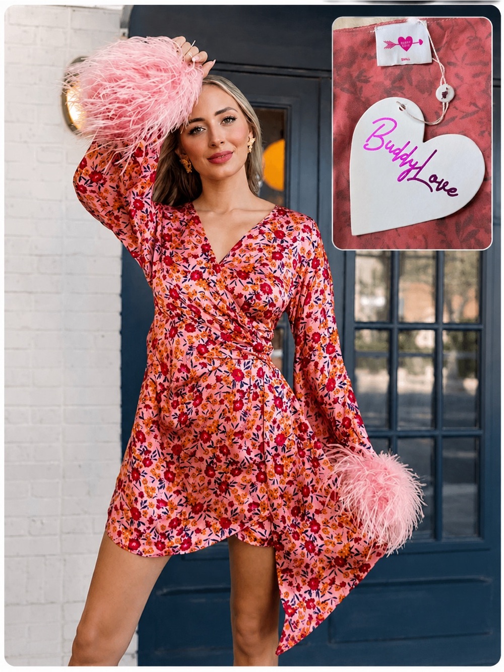 Buddy Love Anisa Feather Cuff Mini Dress Dragonfruit Pink Floral Size Small - Picture 1 of 10